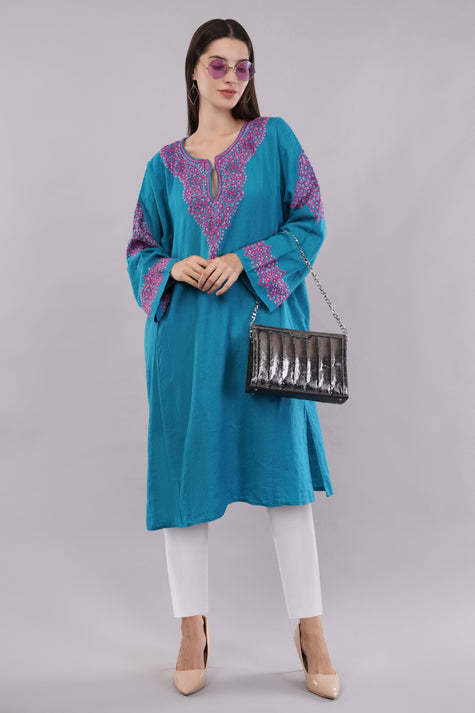 Curious Blue Kashmiri Woolen Pheran with Pink & Magenta Aari Embroidery