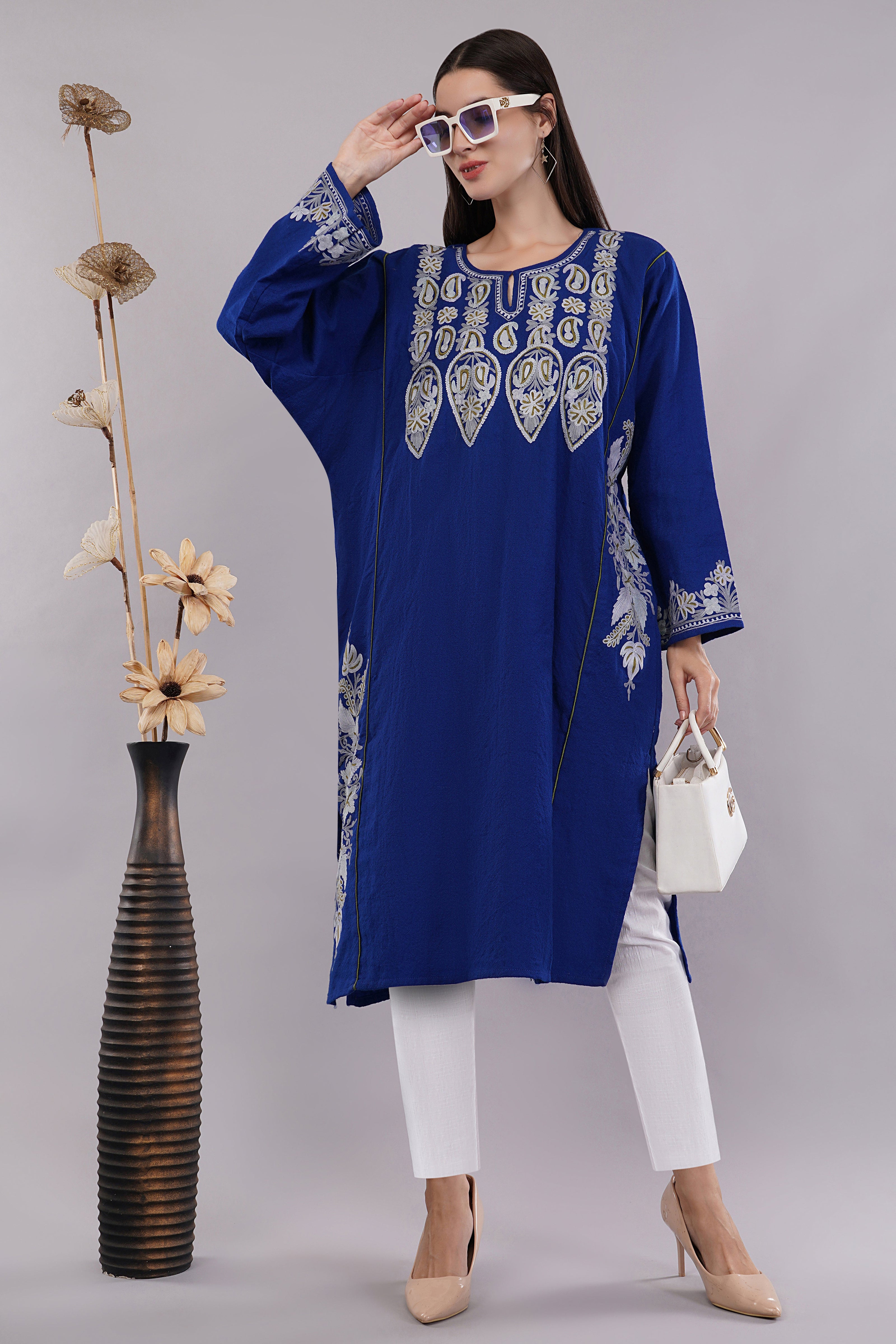 Royal Blue Kashmiri Pheran with Elegant Aari Embroidery