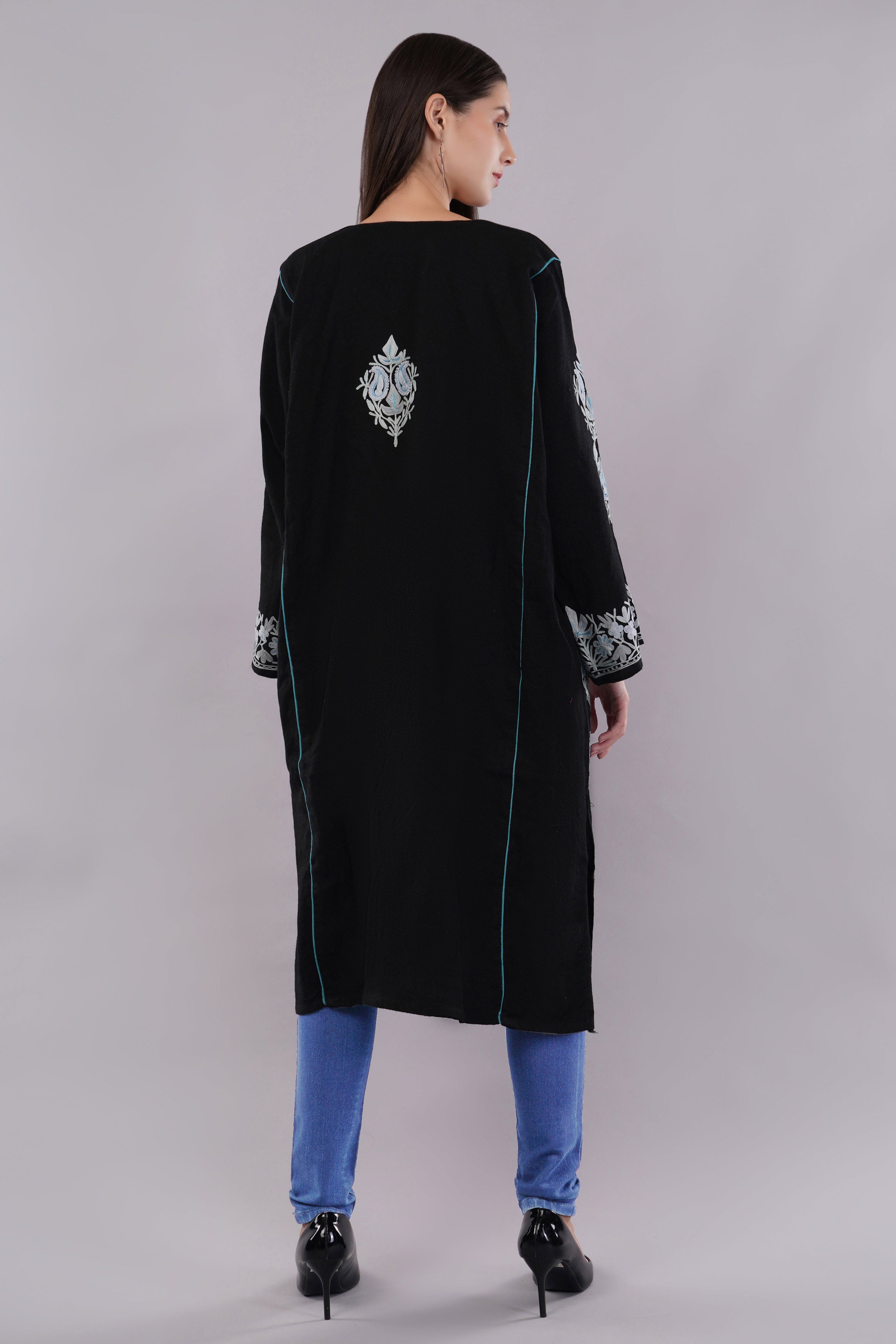 Black Kashmiri Pheran with Grey & Moonstone Blue Aari Embroidery