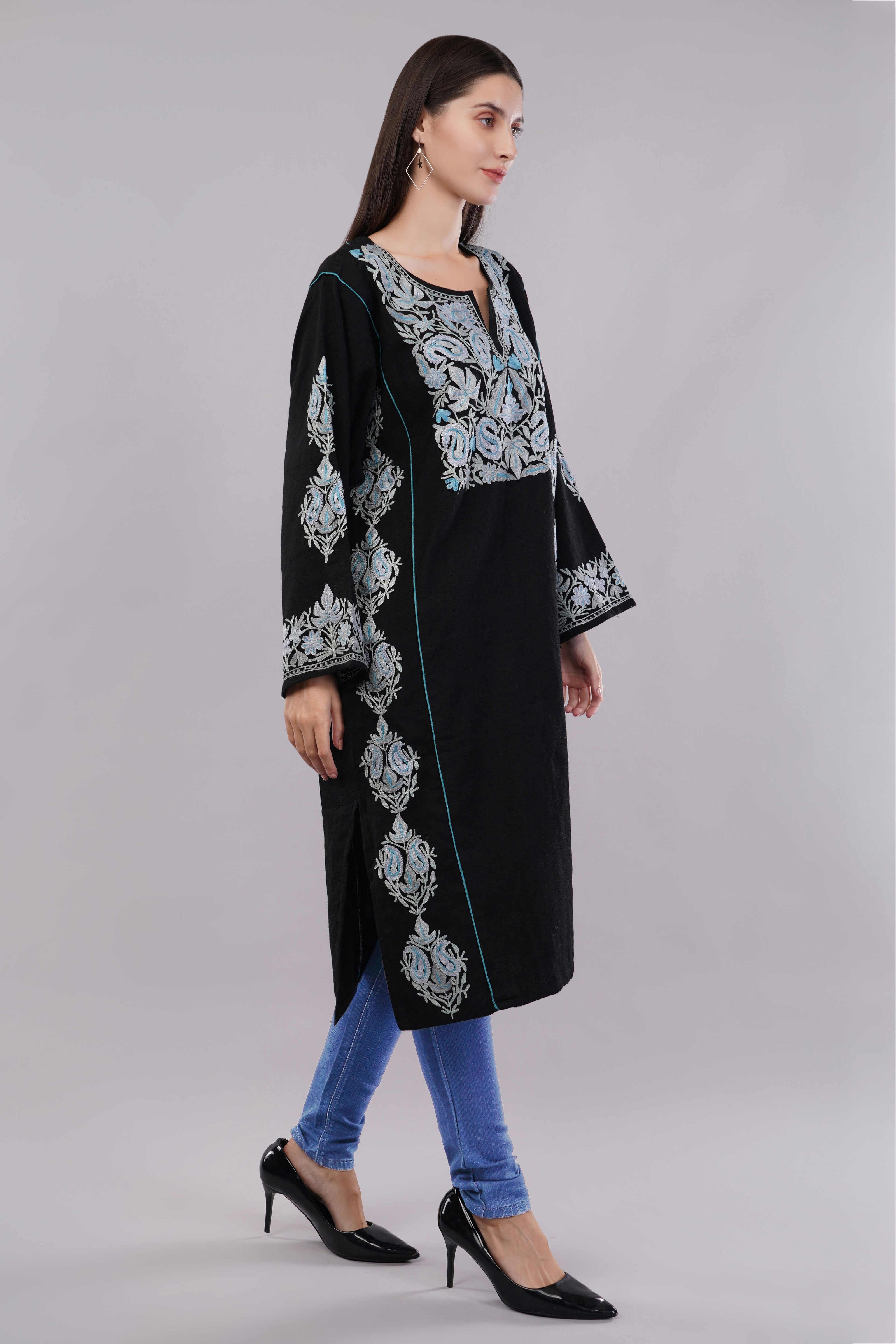 Black Kashmiri Pheran with Grey & Moonstone Blue Aari Embroidery