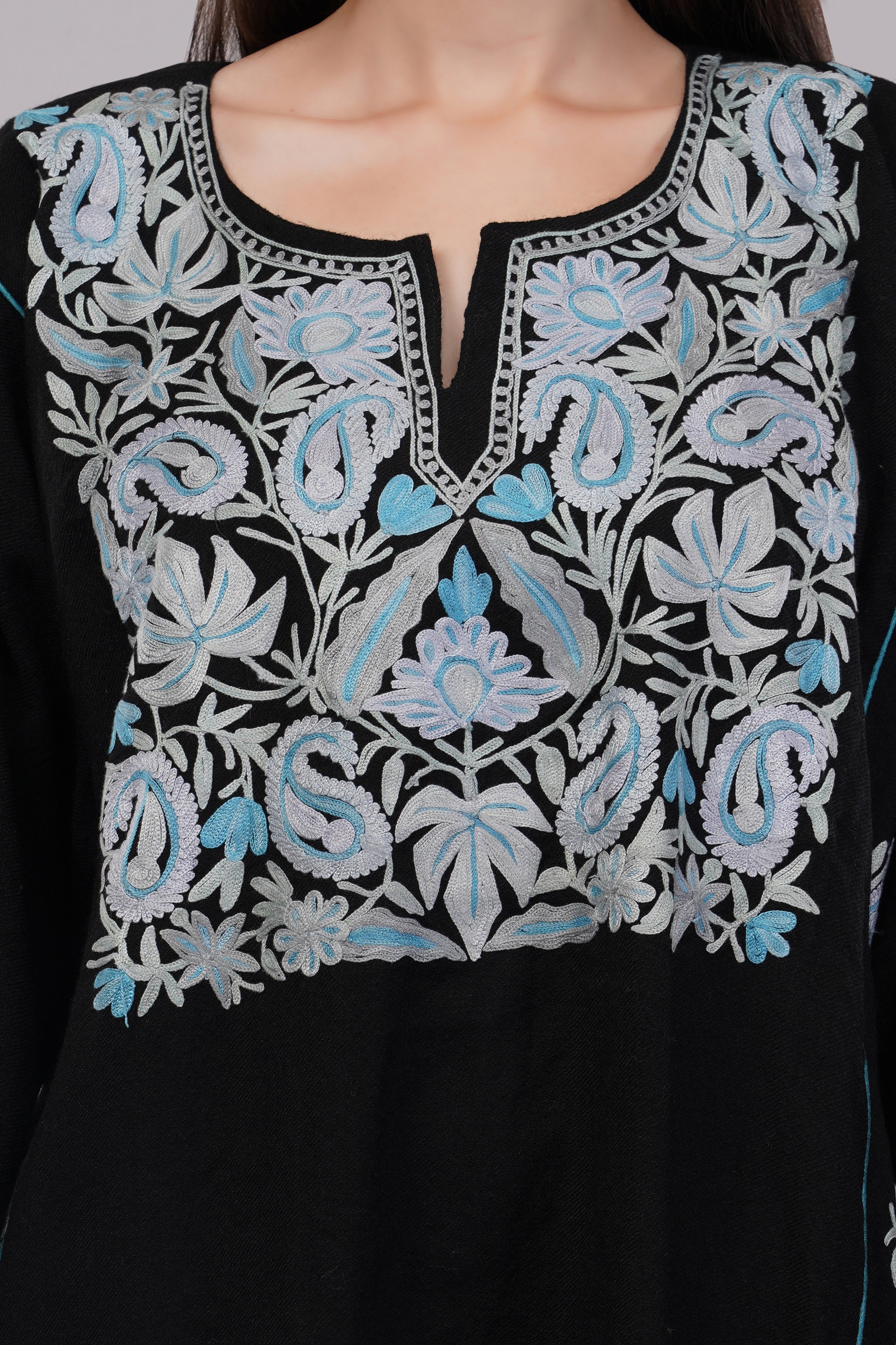 Black Kashmiri Pheran with Grey & Moonstone Blue Aari Embroidery