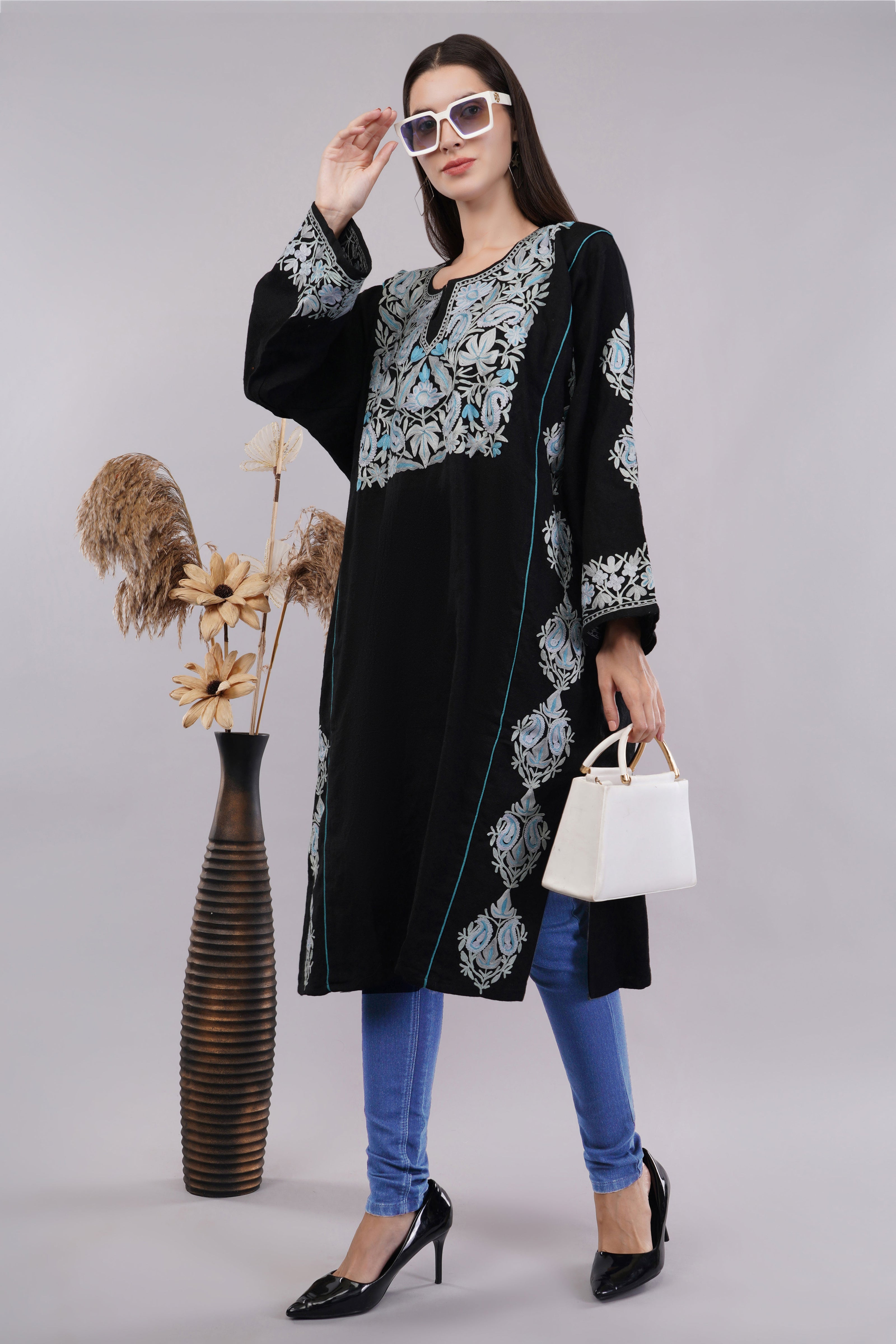 Black Kashmiri Pheran with Grey & Moonstone Blue Aari Embroidery