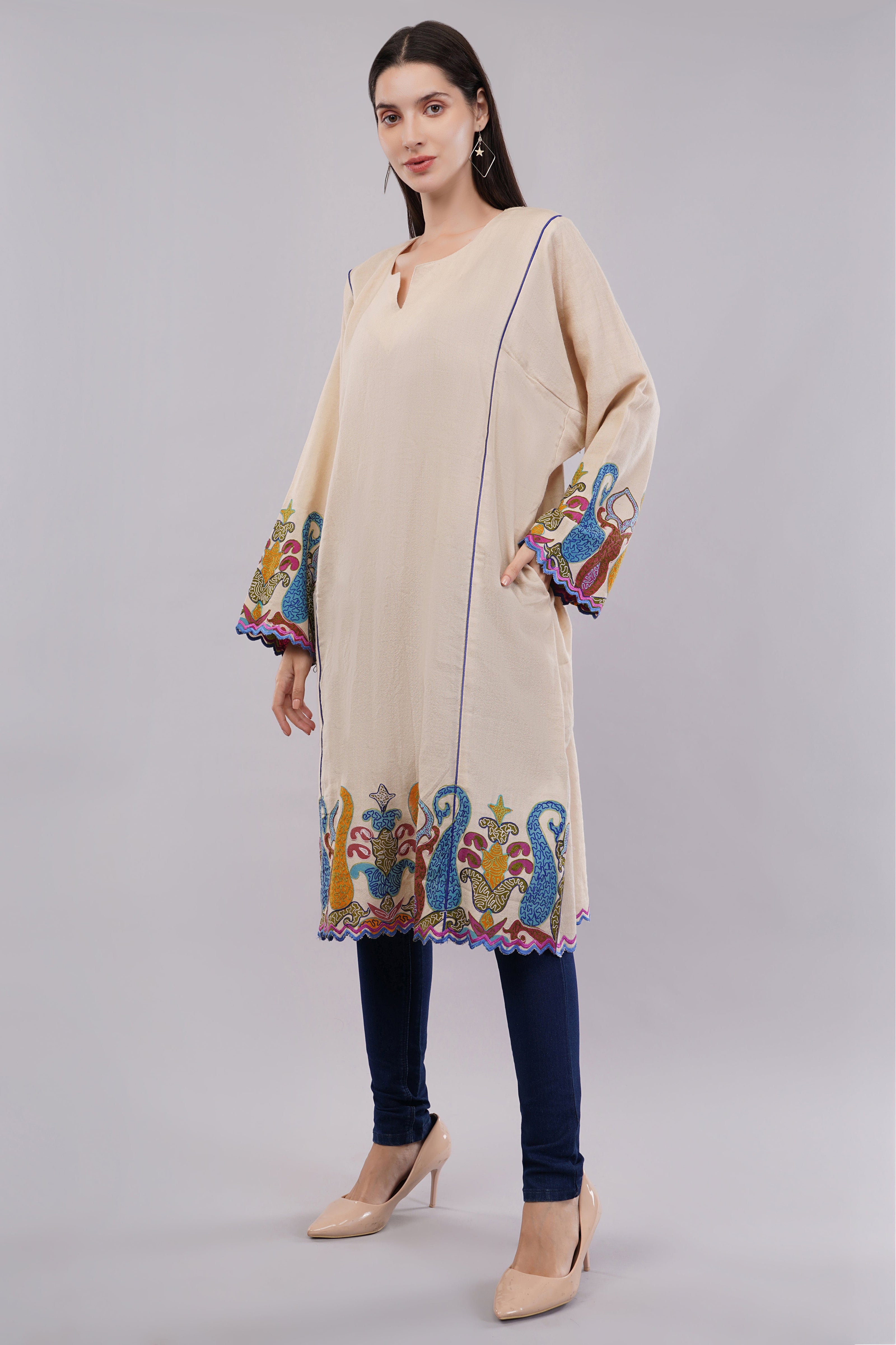 Cream Kashmiri Pheran with Vibrant Aari Embroidery and Matching Shawl