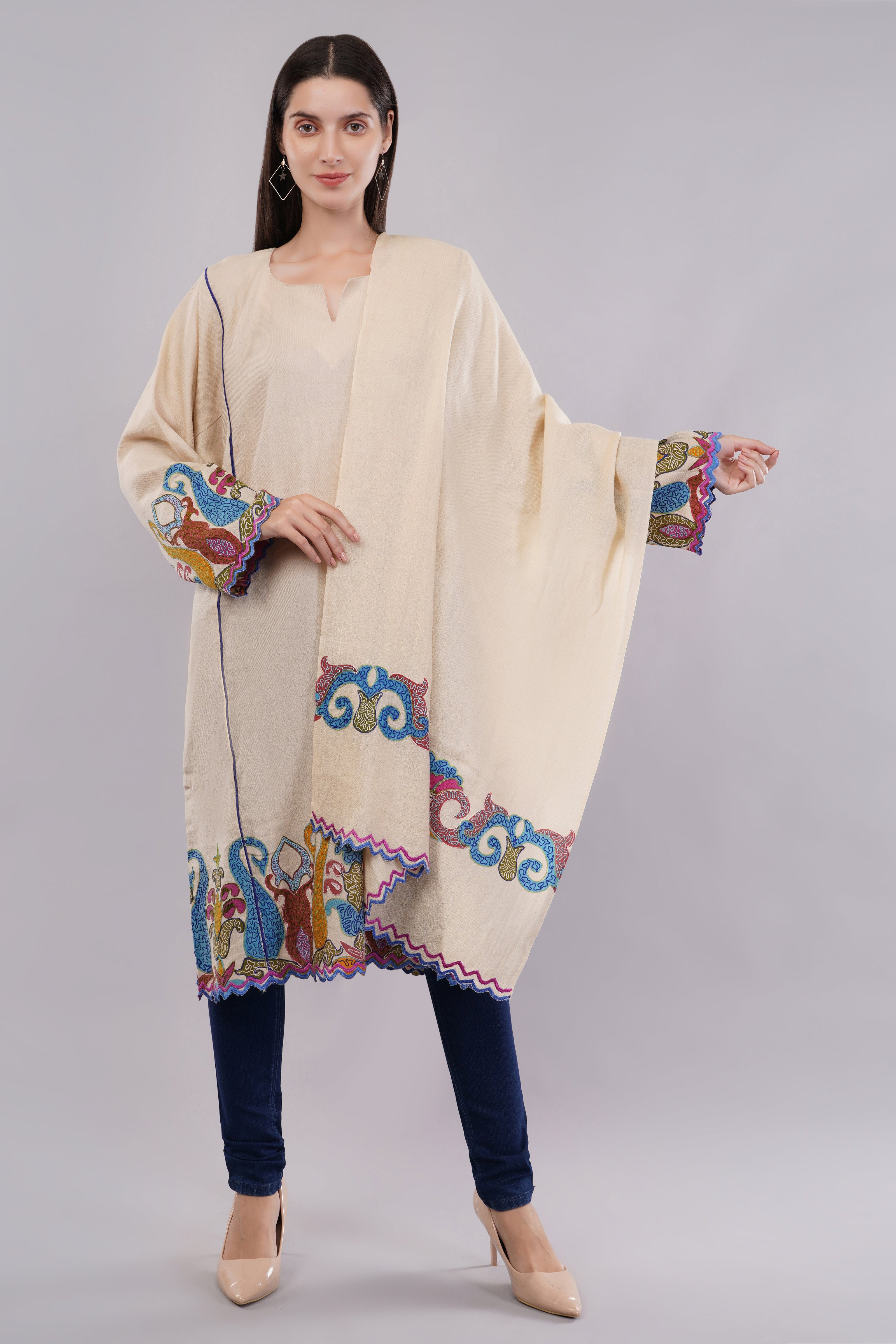 Cream Kashmiri Pheran with Vibrant Aari Embroidery and Matching Shawl