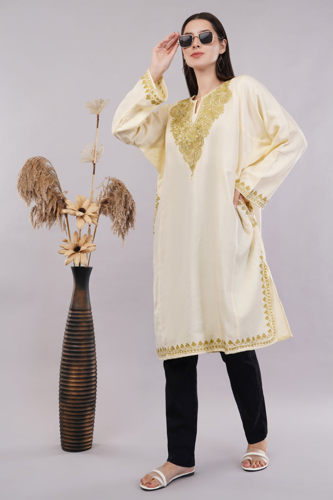 Off-White Kashmiri Pheran with Golden Zari Embroidery