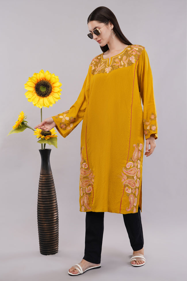 Mustard Yellow Kashmiri Pheran with Delicate Aari Embroidery