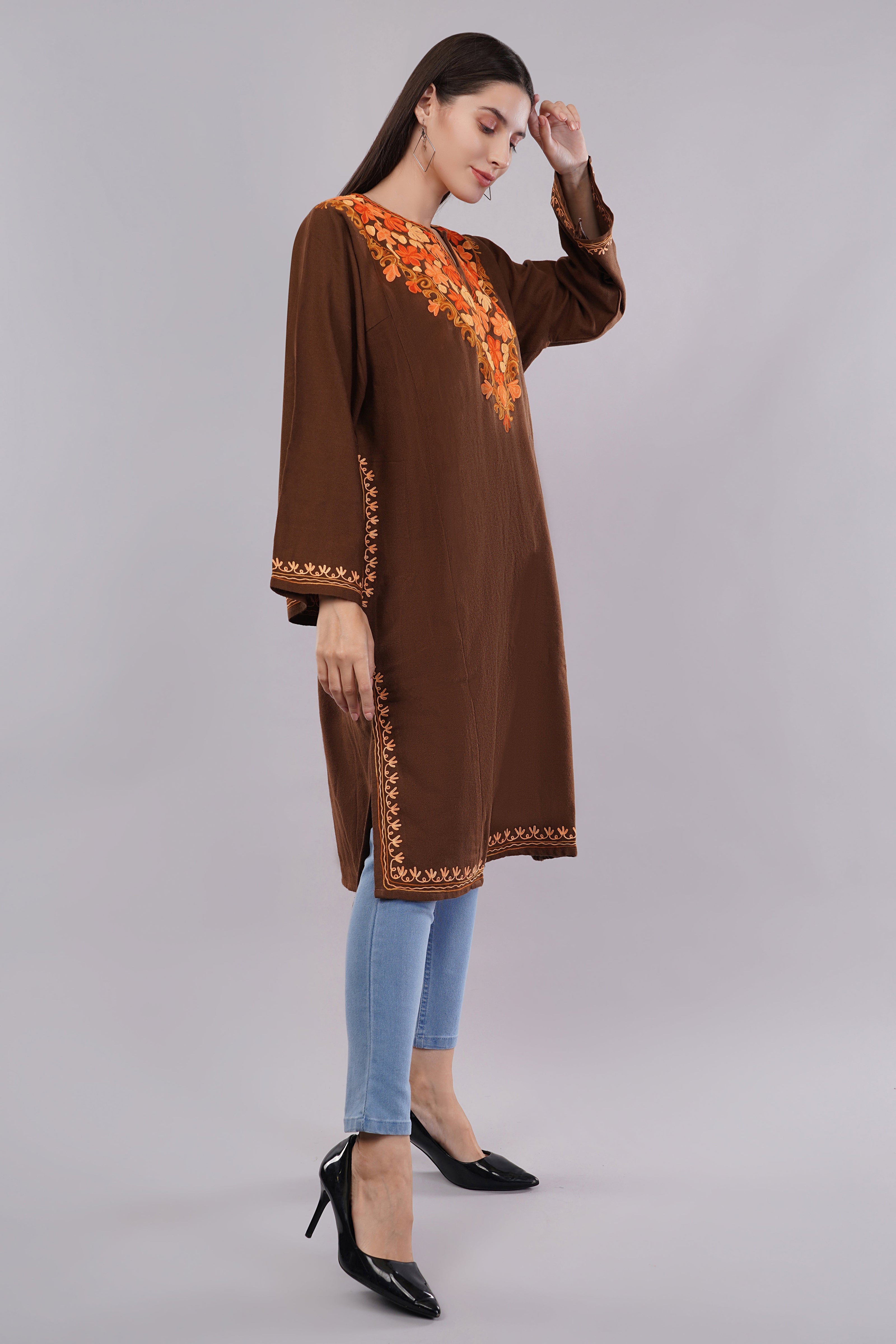 Chocolate Brown Aari Embroidered Pheran