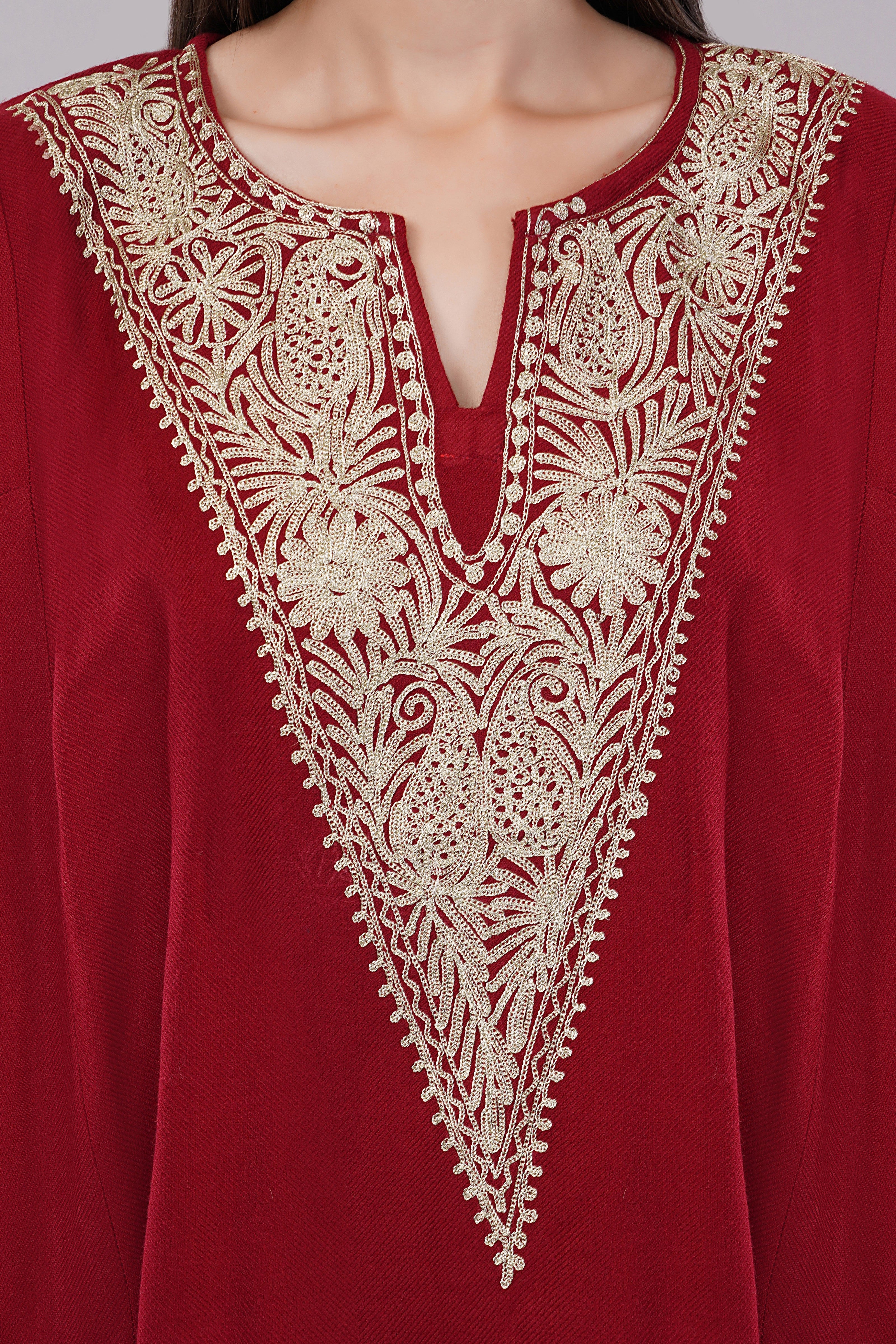 Crimson Red Kashmiri Pheran with Silver Zari Embroidery