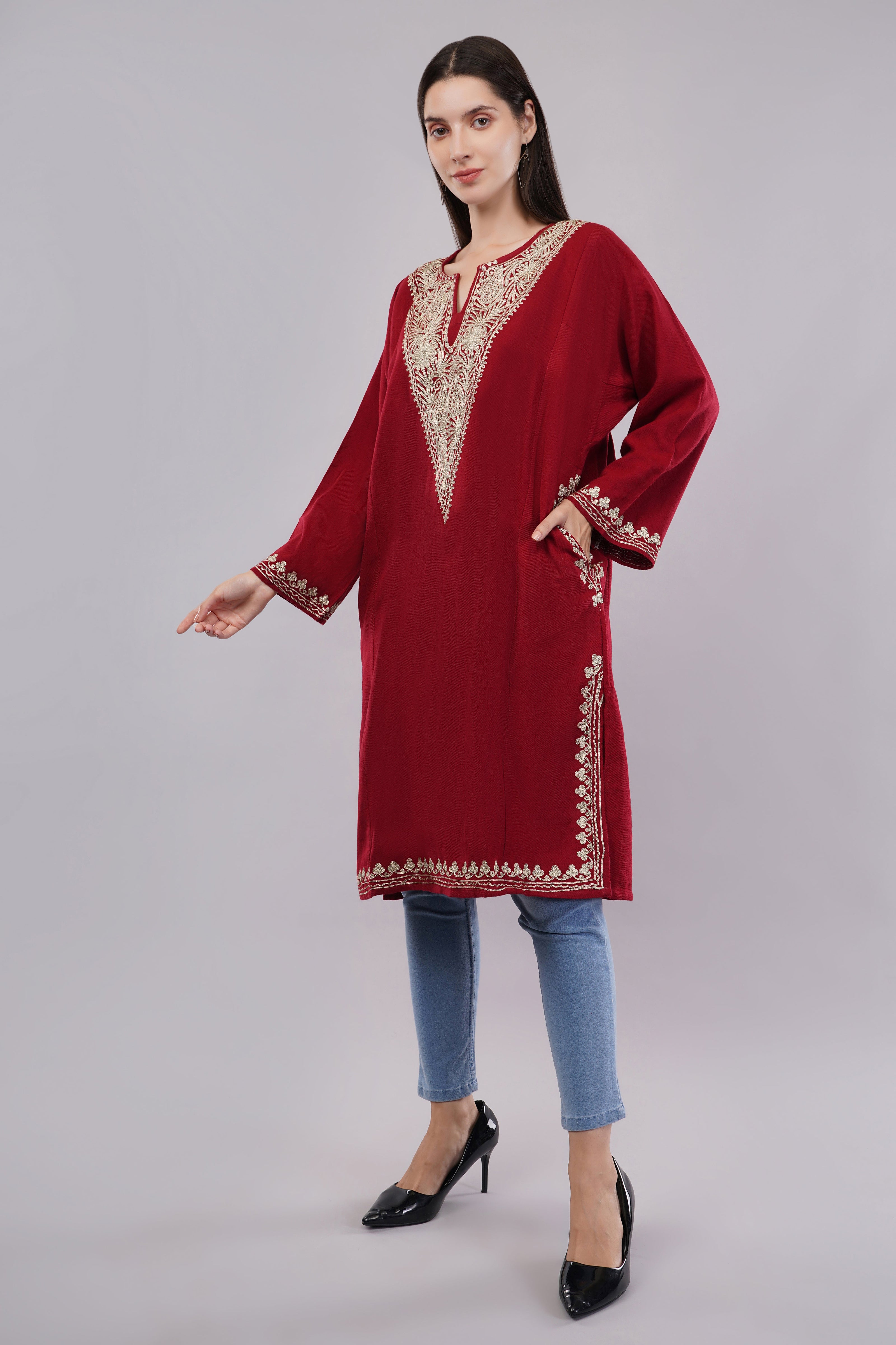 Crimson Red Kashmiri Pheran with Silver Zari Embroidery