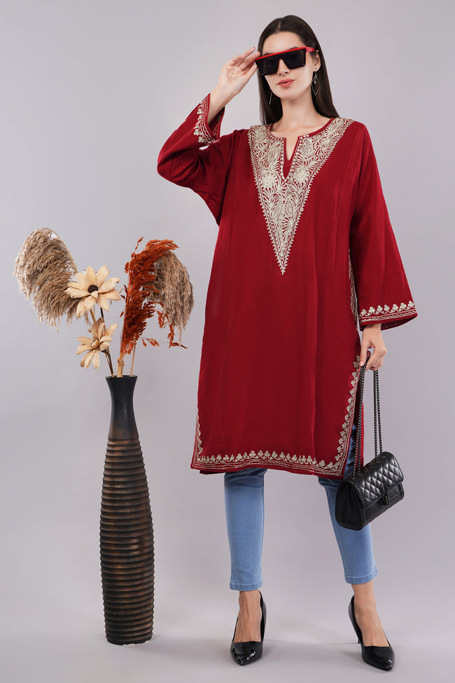 Crimson Red Kashmiri Pheran with Silver Zari Embroidery