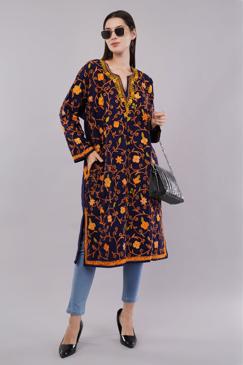 Dark Indigo Blue Kashmiri Pheran with Full Jamwar Aari Embroidery