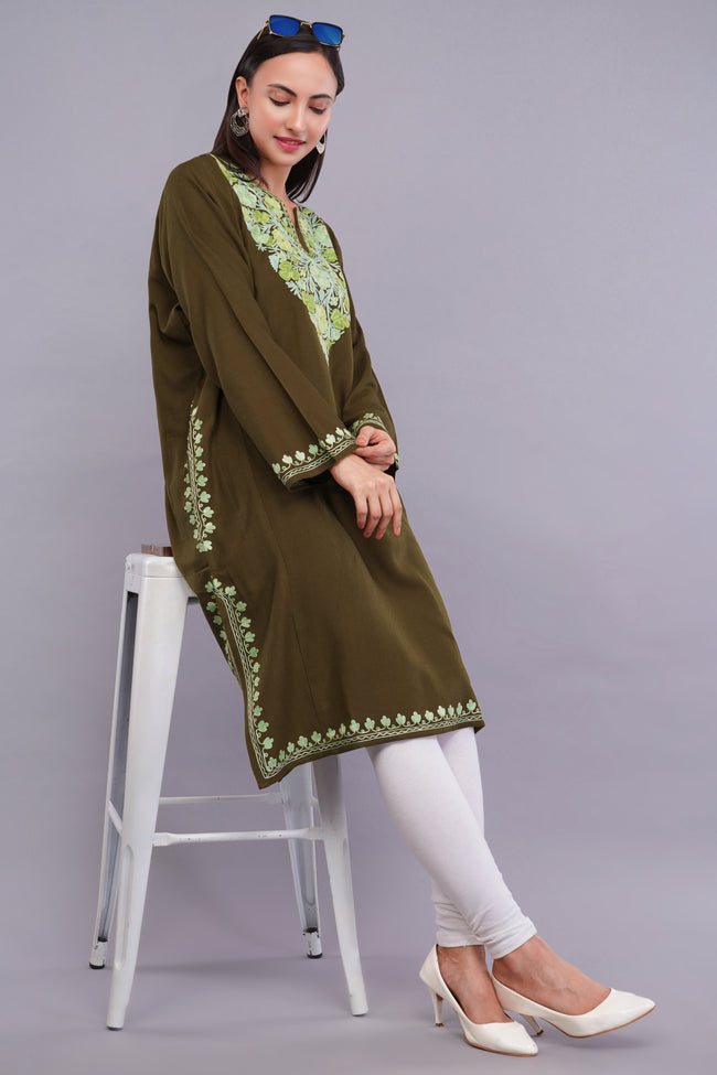 Brown Tumbleweed Pheran with Light Olive and Telish Green Aari Embroidery