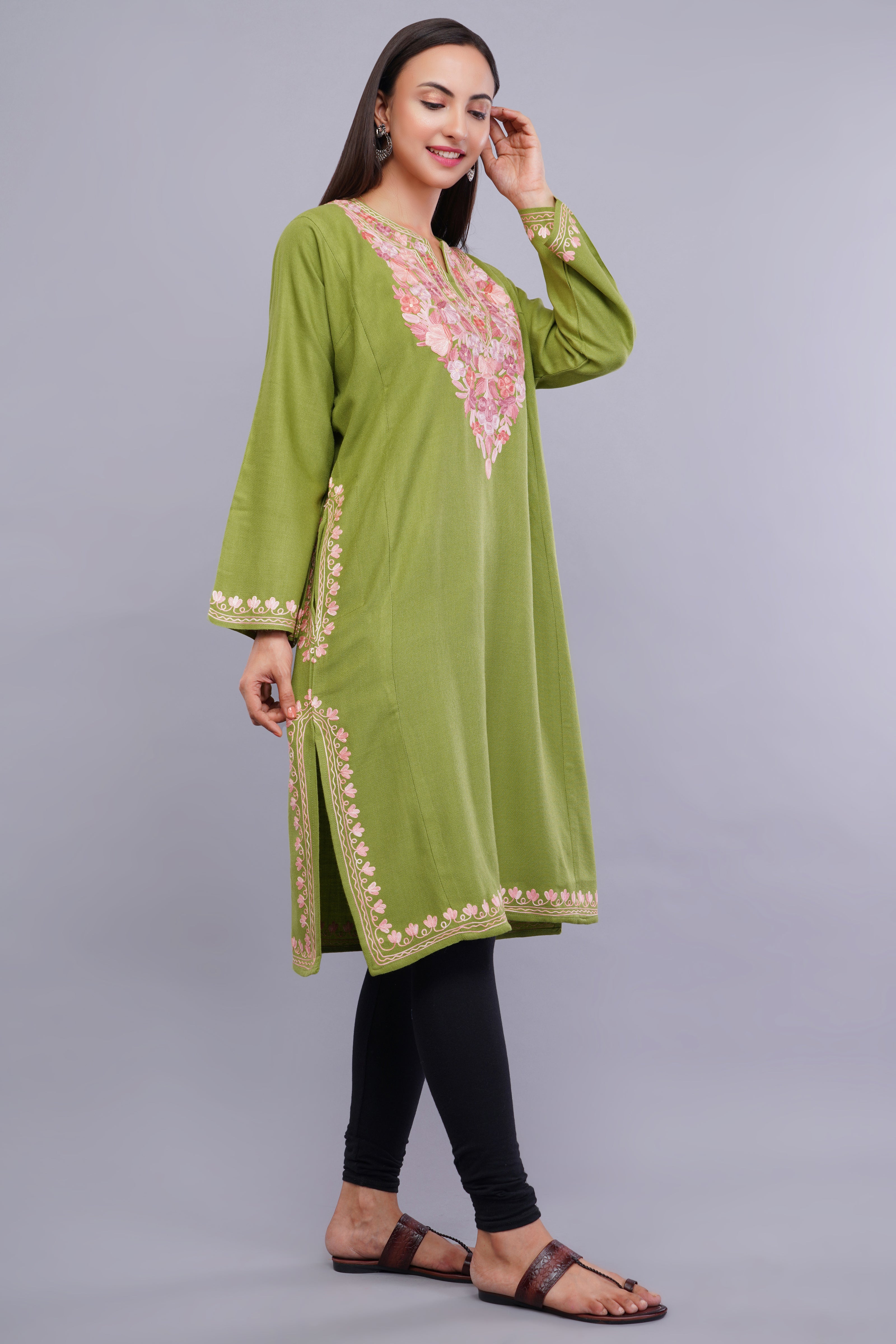 Elegant Lime Green Kashmiri Pheran with Aari Embroidery