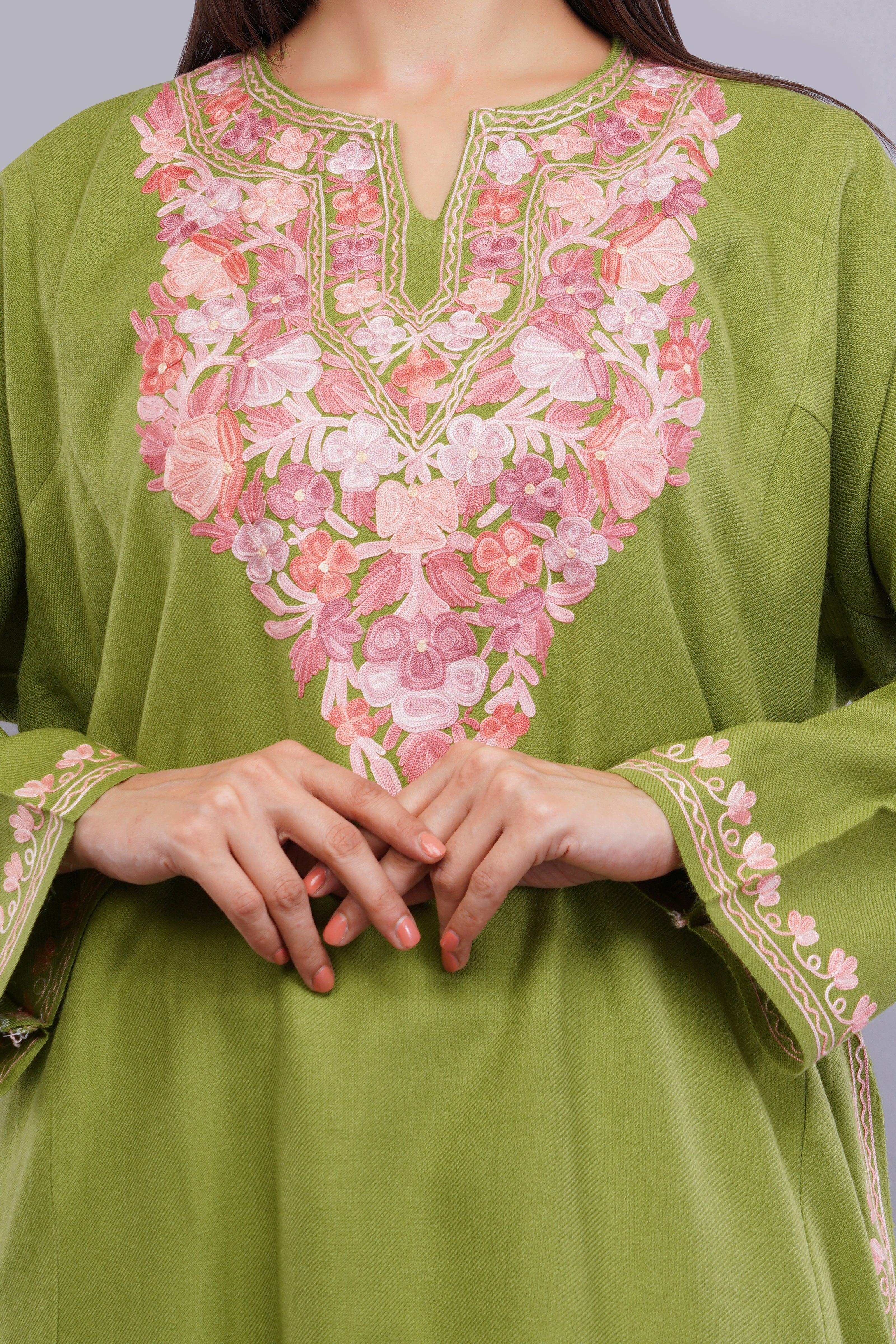 Elegant Lime Green Kashmiri Pheran with Aari Embroidery