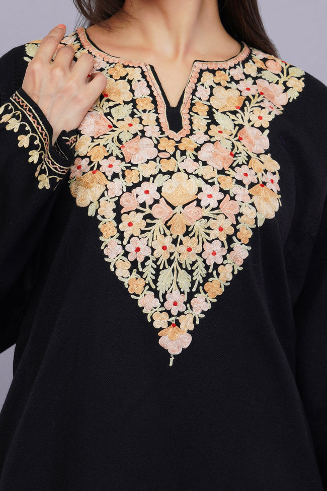 Black Pheran with Kashmiri Aari Embroidery and Floral Borders