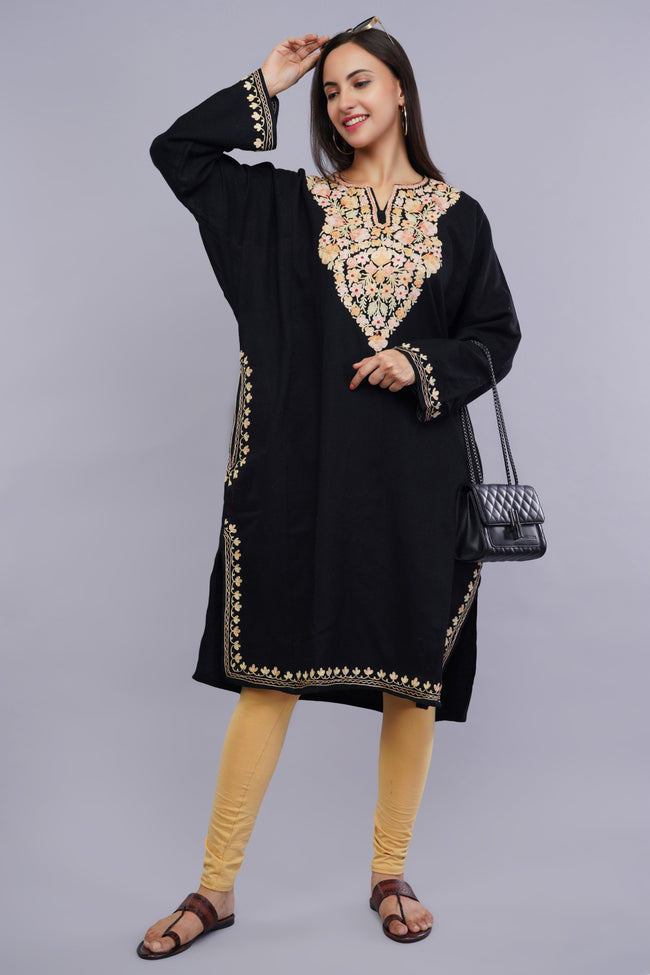 Black Pheran with Kashmiri Aari Embroidery and Floral Borders