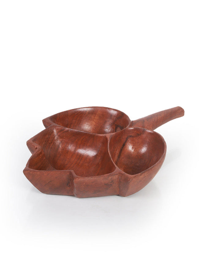 Chinar Leaf Tri-Compartment Handmade Kashmiri Walnut Bowl - Hamiast