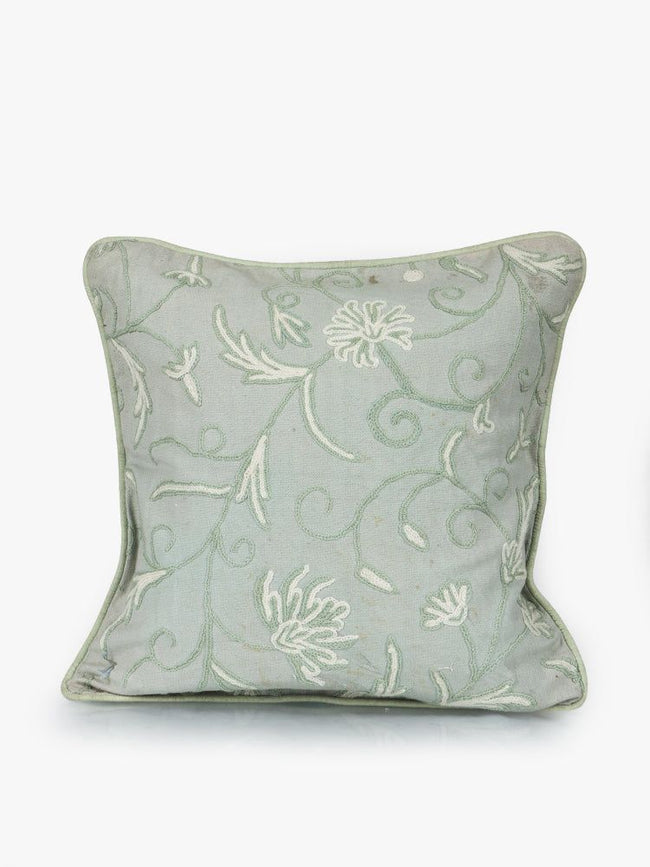 Elegant Crewel Embroidery Serenity Cushion Cover in Soothing Sage - Hamiast