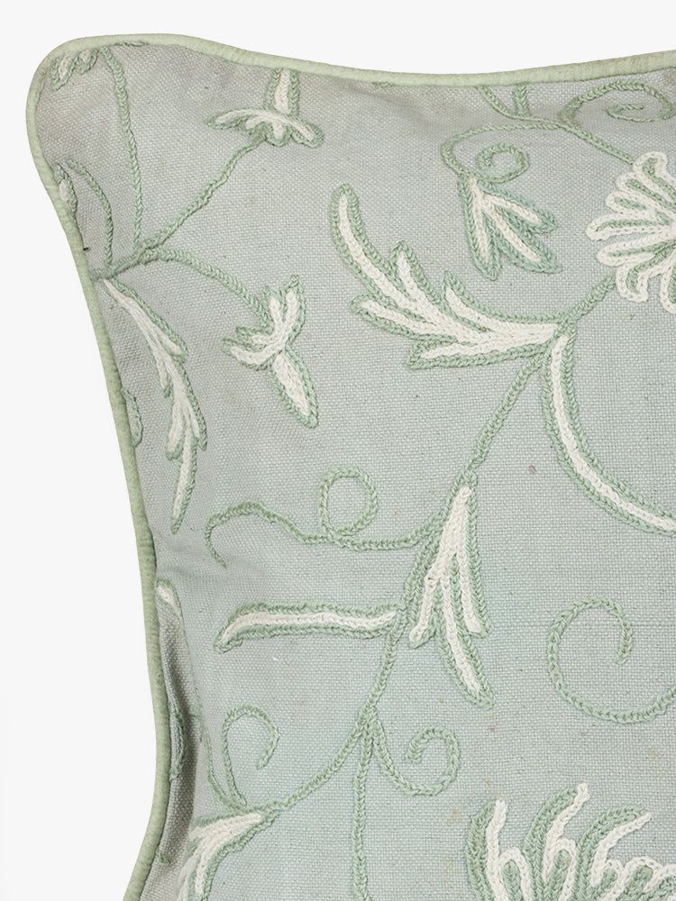 Elegant Crewel Embroidery Serenity Cushion Cover in Soothing Sage - Hamiast