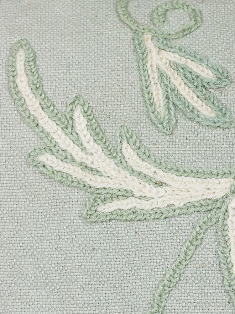 Elegant Crewel Embroidery Serenity Cushion Cover in Soothing Sage - Hamiast