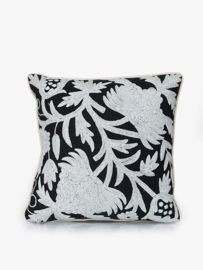 Elegant Floral Contrast Handcrafted Kashmiri Chain Stitch Cushion Cover - Hamiast
