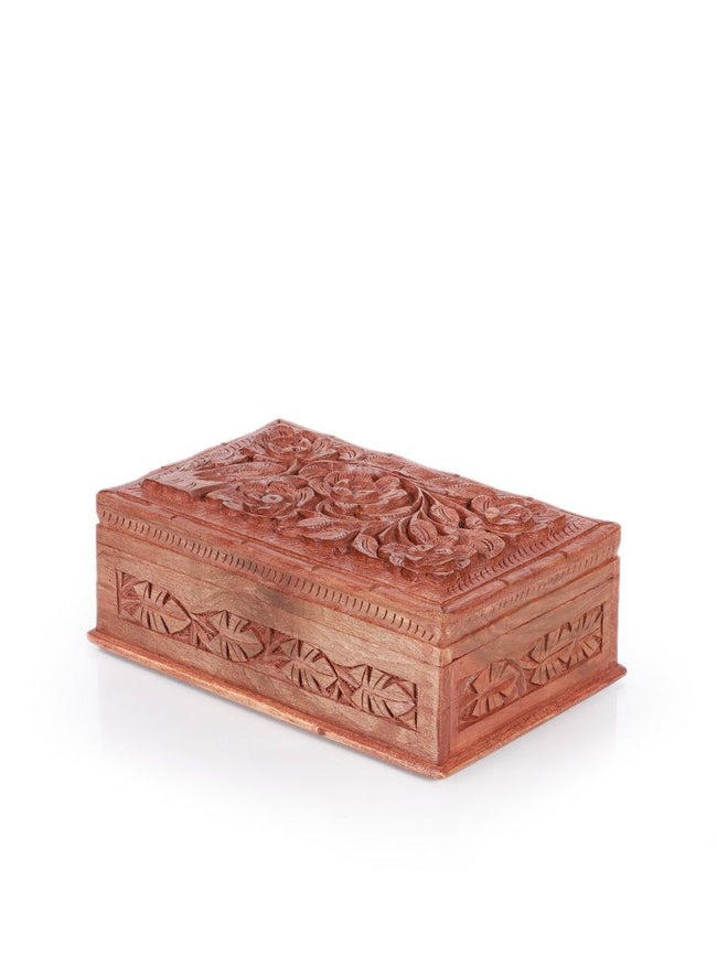 Elegant Handcrafted Walnut Wood Box with Chinar and Floral Carvings - Hamiast