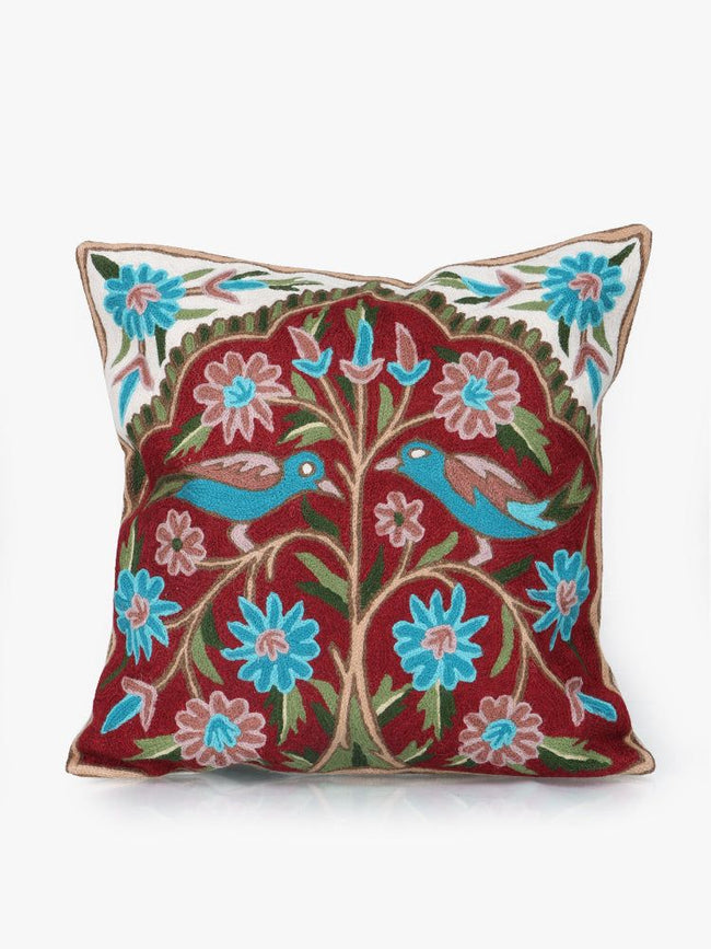 Ethereal Aviary: Kashmiri Chain Stitch Hand-Embroidered Bird Cushion Cover - Hamiast