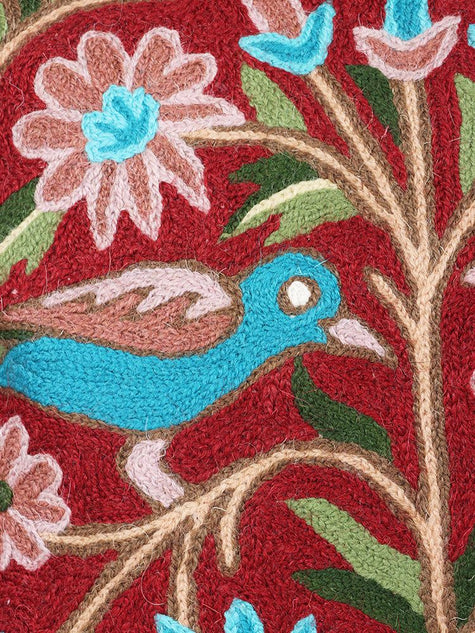 Ethereal Aviary: Kashmiri Chain Stitch Hand-Embroidered Bird Cushion Cover - Hamiast