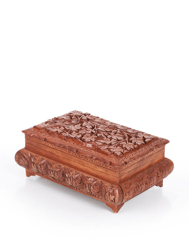 Exquisite Hand-Carved Walnut Wood Jewelry Box with Chinar Engraving - Hamiast