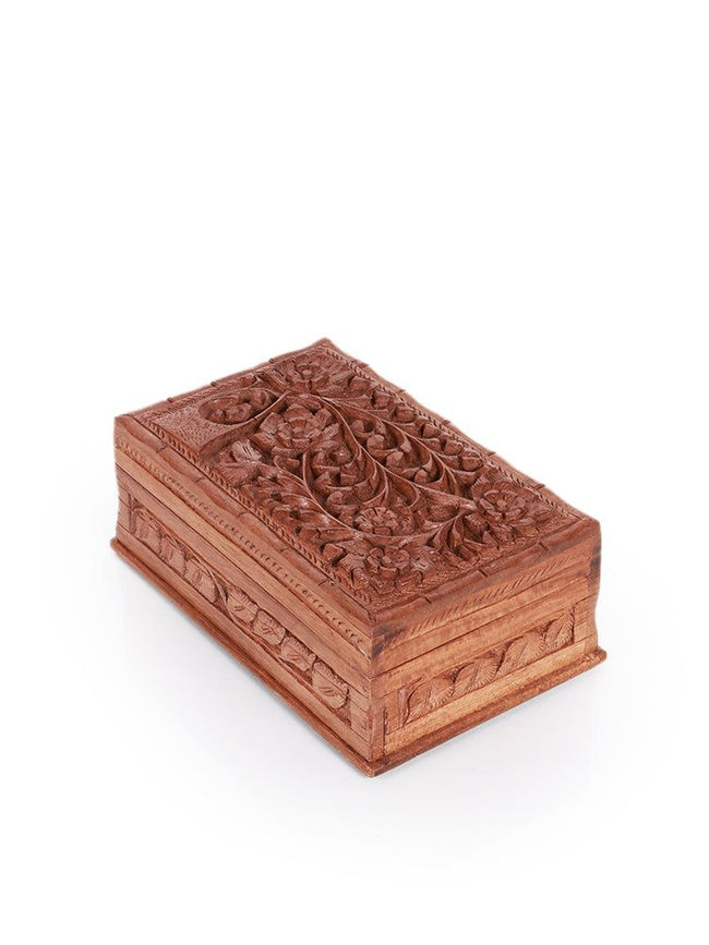Floral Engraved Walnut Wood Jewelry Box with Compartments - Hamiast