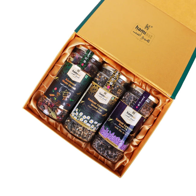 Hamiast Exquisite Green Tea Gift Box: 3 Unique Blends - Shahi Kahwa, Chamomile and, Lavender Green Tea | Ideal for Gifting | Crafted with Love from Kashmir - Hamiast