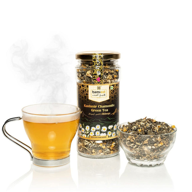 Hamiast Kashmir Chamomile Green Tea for Stress Relief & Good Sleep, Whole Leaf & Natural Chamomile Flowers 100g Serves 50 Cups - Hamiast