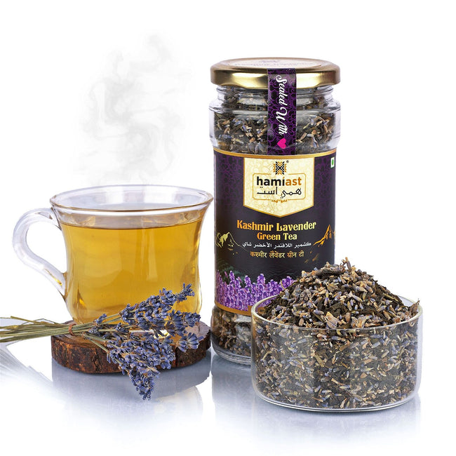 Hamiast Lavender Tea, Premium Kashmir Lavender and Green Tea Blend, Calming Tea for Stress Relief, Good Sleep & Glowing Skin, 100g Serves 50 Cups - Hamiast