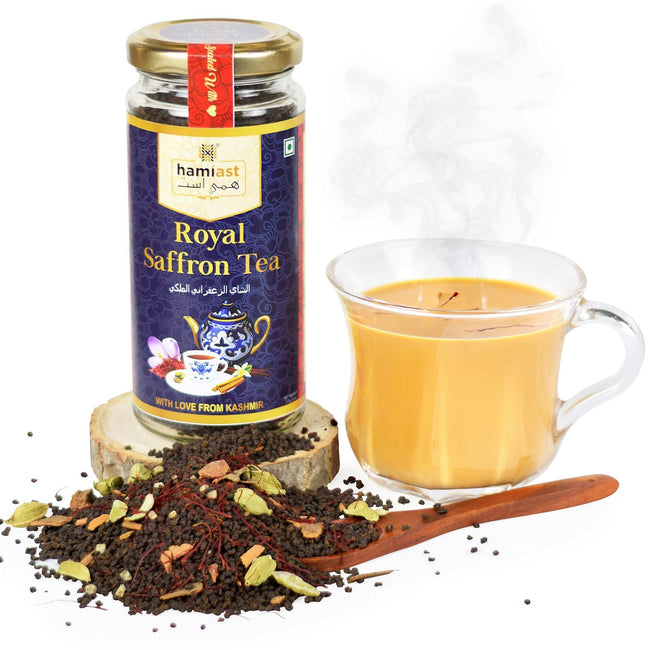 Hamiast Royal Saffron Tea (Kashmiri Kesar Chai) Assam CTC Tea, Kashmiri Saffron, Cardamom and Cinnamon 100g (40 cups) - Hamiast