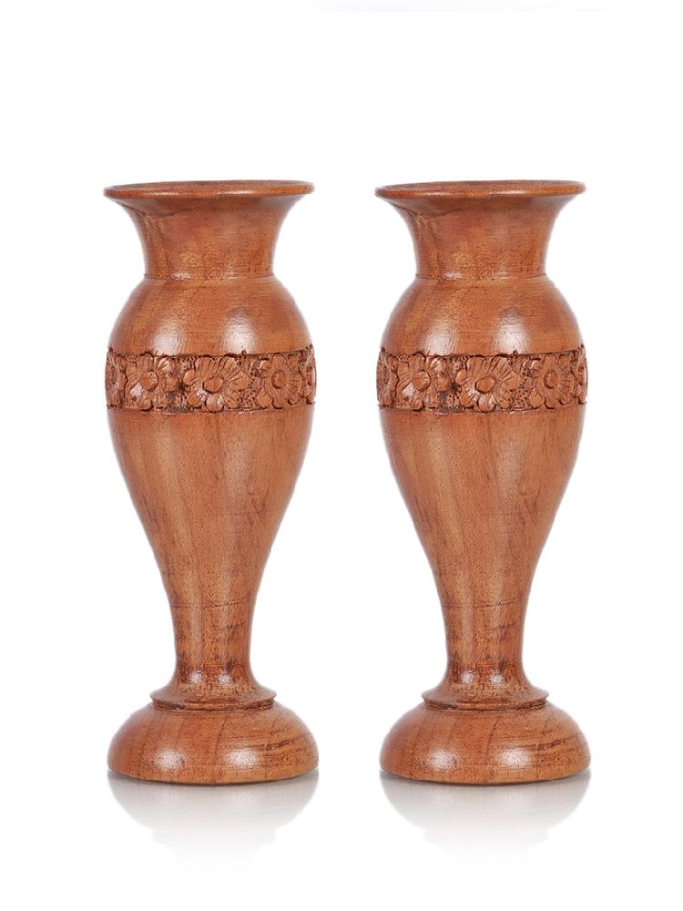 Handcrafted Walnut Wood Flower Vase - Floral Carved Elegance - Hamiast