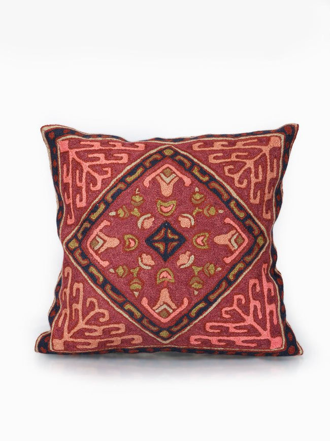 Handmade Chain Stitch Embroidered Cushion Cover Vintage-Inspired Terracotta - Hamiast