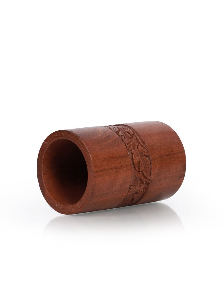 Handmade Walnut Wood Pen Holder with Carved Chinar Motif - Hamiast