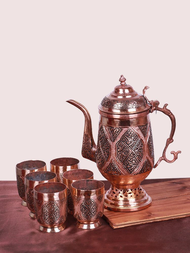 Intricate Designed Kashmiri Copper Jug and Glass set - Hamiast