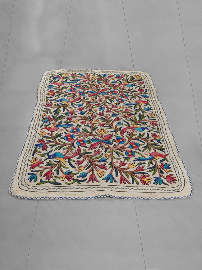 Kashmiri Blossom: Hand-Embroidered Woolen Namda Rug with Vibrant Nature Motifs - Hamiast