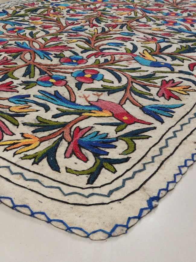 Kashmiri Blossom: Hand-Embroidered Woolen Namda Rug with Vibrant Nature Motifs - Hamiast