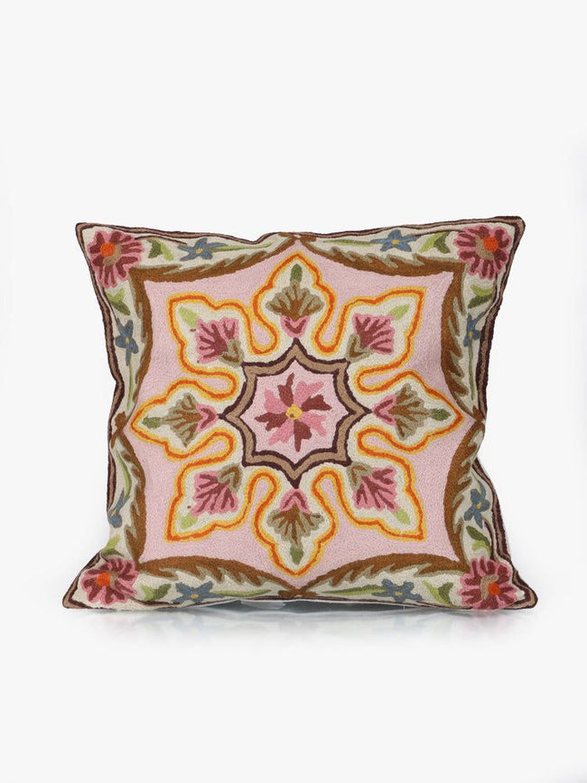 Kashmiri Chain Stitch Floral Bliss Cotton Cushion Cover - Hamiast