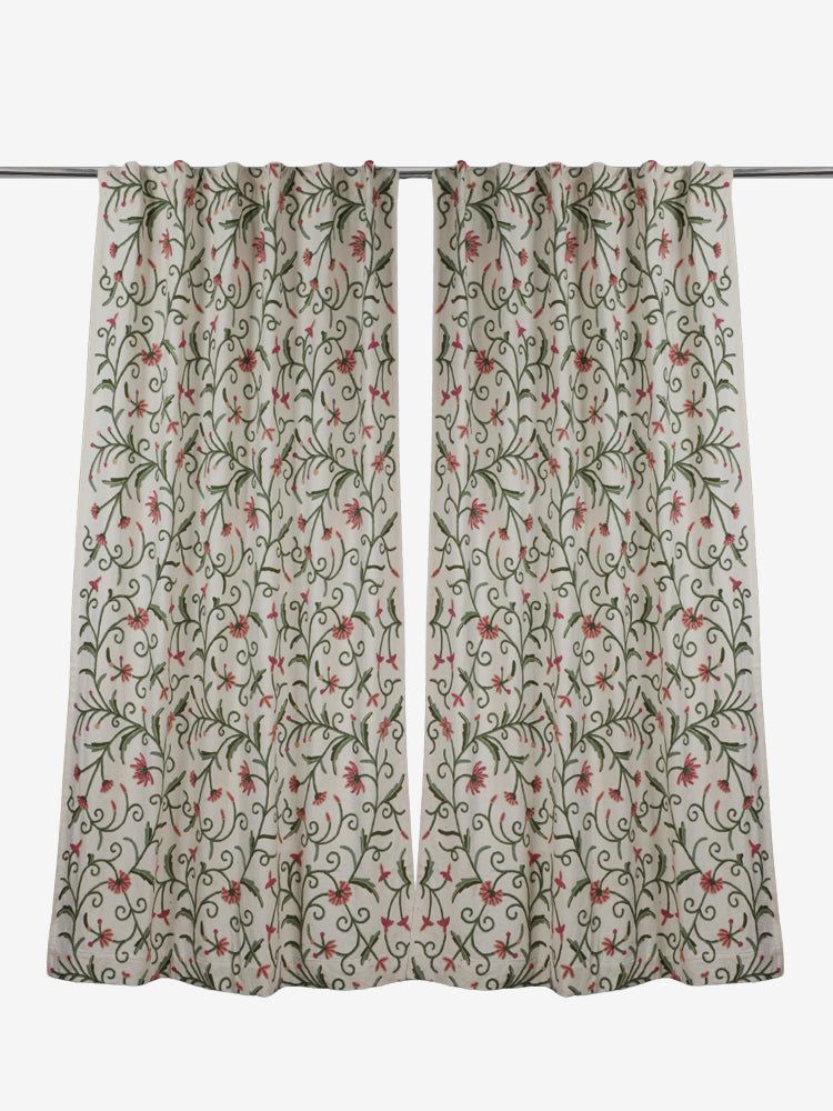 Kashmiri Crewel Embroidered Dusoot Cotton Curtain - White with Colorful Floral Design - Hamiast