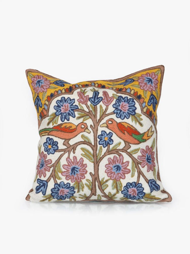 Kashmiri Handcrafted Chain Stitch Bird Embroidered Cushion Cover | Aviary Melody - Hamiast