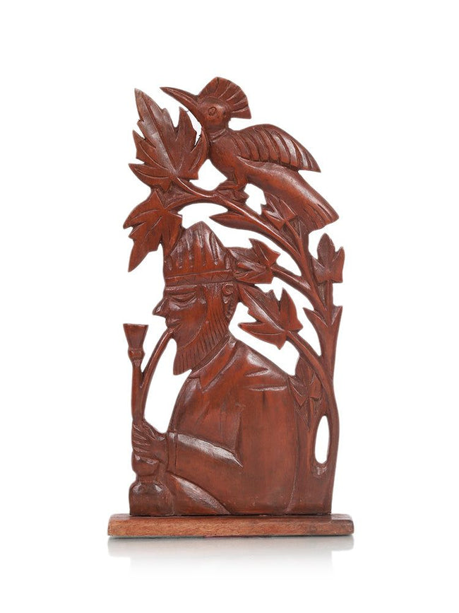 Kashmiri Piper and Bird on Chinar Leaf - Handcrafted Walnut Wood Sculpture - Hamiast