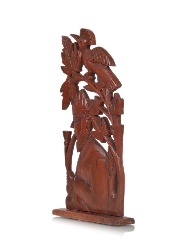 Kashmiri Piper and Bird on Chinar Leaf - Handcrafted Walnut Wood Sculpture - Hamiast