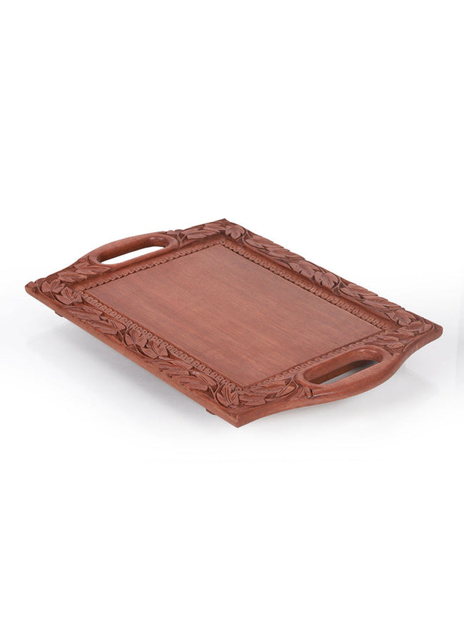 Luxurious Kashmiri Chinar Leaf Hand-carved Walnut Serving Tray - Hamiast