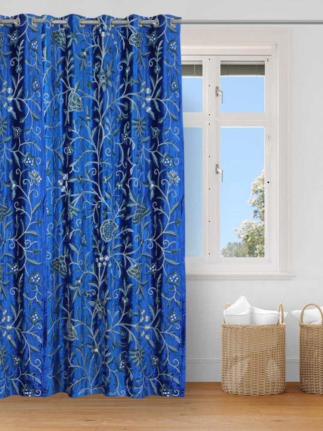 Royal Blue Crewel Embroidered Velvet Curtains - Hamiast