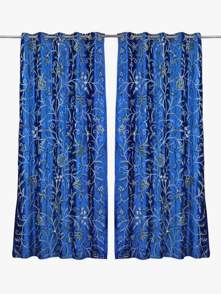 Royal Blue Crewel Embroidered Velvet Curtains - Hamiast