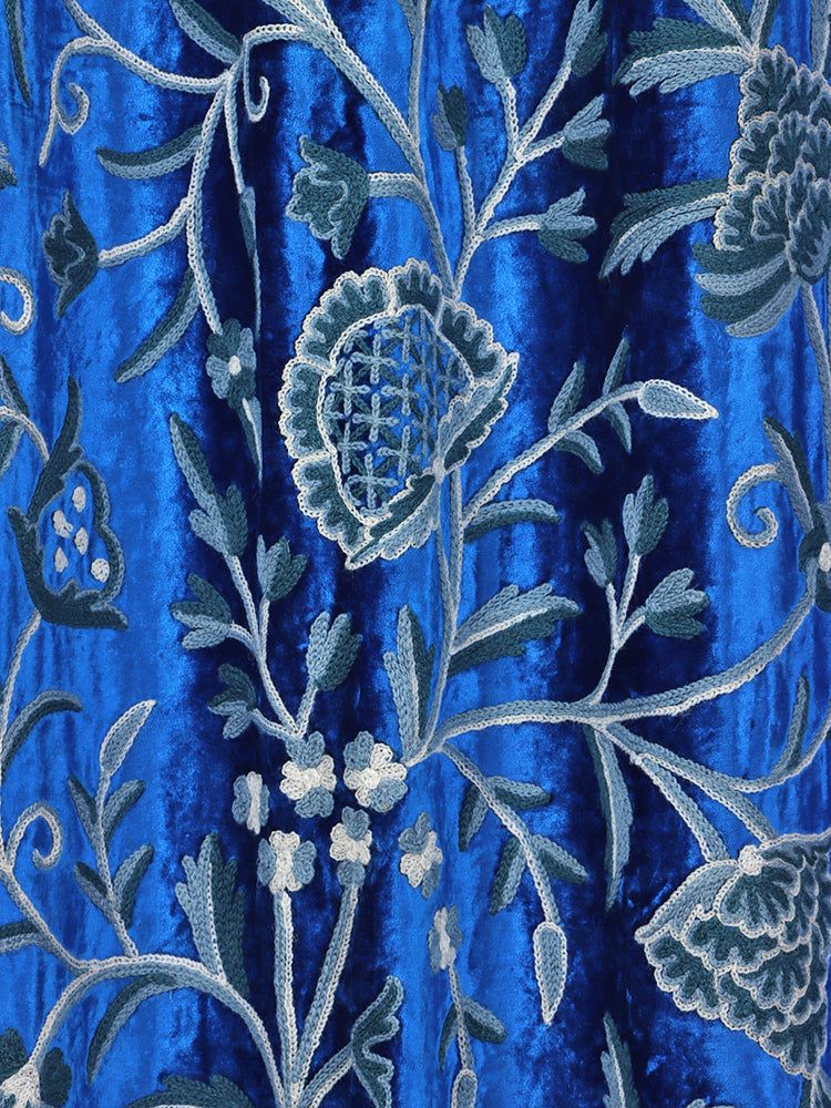 Royal Blue Crewel Embroidered Velvet Curtains - Hamiast