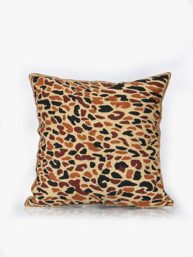 Safari Elegance Handmade Chain Stitch Embroidered Leopard Print Cushion Cover - Hamiast